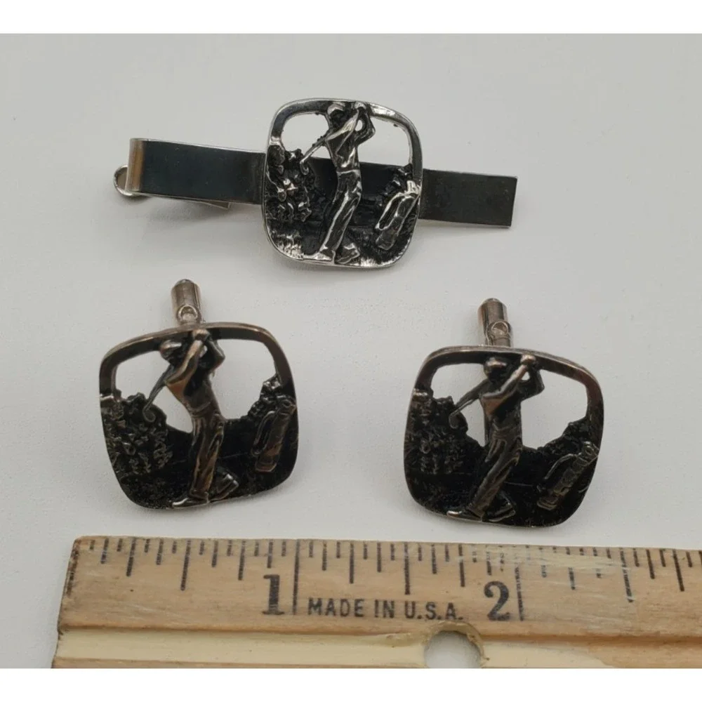 Vtg Silver Tone Golf Golfer's Delight Cuff Links & Tie Clip
